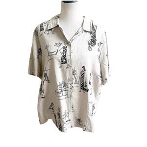 Hot Cotton Marc Ware African Culture Short Sleeved Linen Shirt Women 1X Vintage